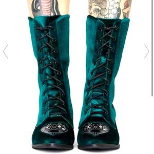 Strangecvlt DollsKill Green Spirit Moon Velvet Boots